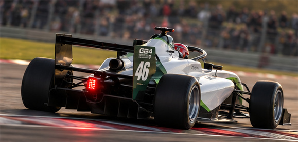 AI-generated illustration of a white-and-green GB4-style number 46 car exiting a kerb, seen from the rear